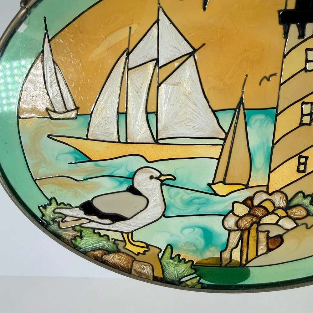 Handpainted Stained Glass‎ Oval Sun Catcher Lighthouse Sailboats Seagull Coastal